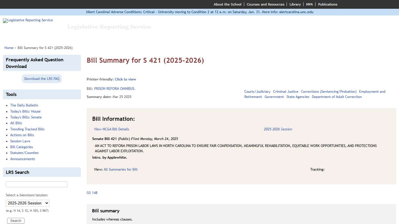 Bill Summary for S 421 (2025-2026) Legislative Reporting Service