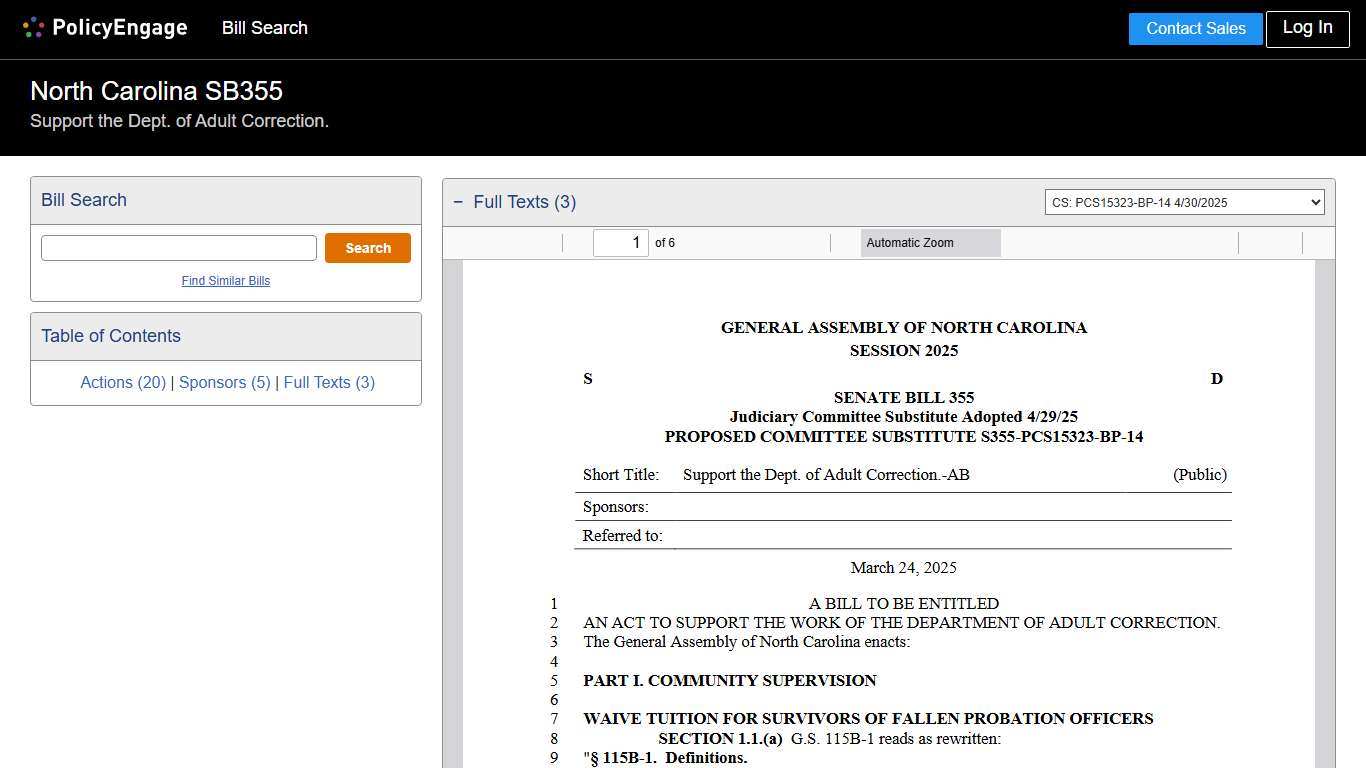 SB355 North Carolina 2025-2026 Support the Dept. of Adult Correction. - Legislative Tracking PolicyEngage